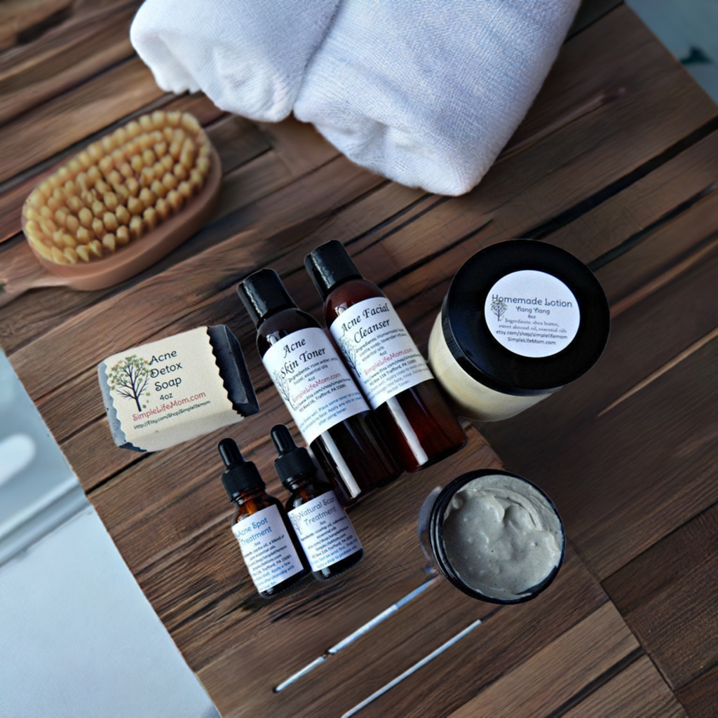 FULL SKIN TREATMENT gift set - all natural spot treatment, scar, charcoal soap, toner, organic moisturizer, face mask